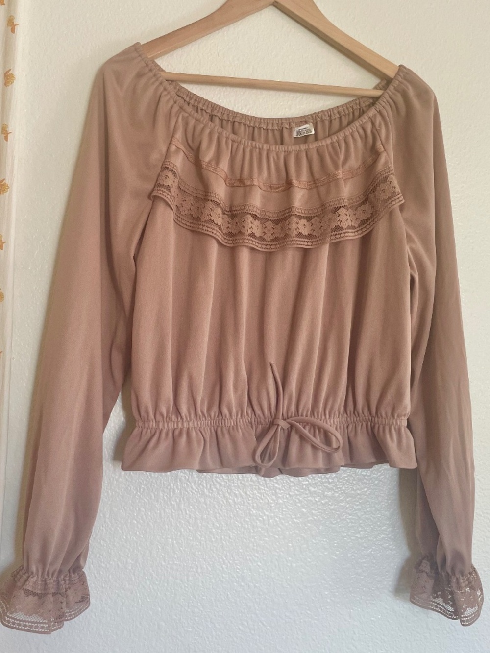 Vintage Beige Lace Peasant Blouse Off Shoulder Boho Top